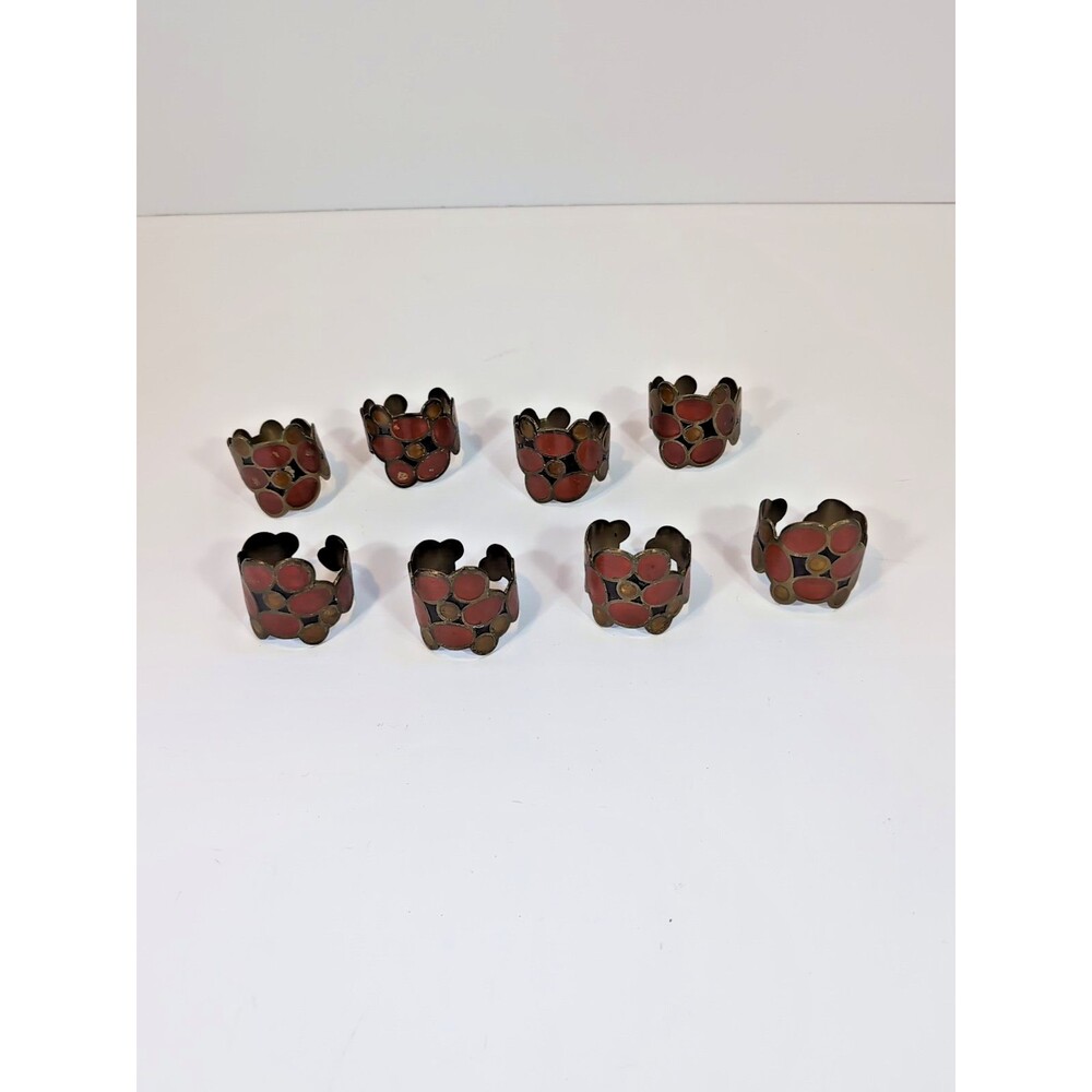 Vintage Brass Enamel Napkin Rings  Maximalist MCM Geometric Dots India Set of 8